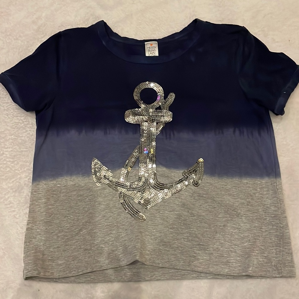 Messy buns lazy days nautical navy blue sequin anchor tee girls size M